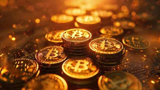 A pile of gold coins surrounded by Bitcoin futuristic currency The concept of rising gold prices Investing in precious metals