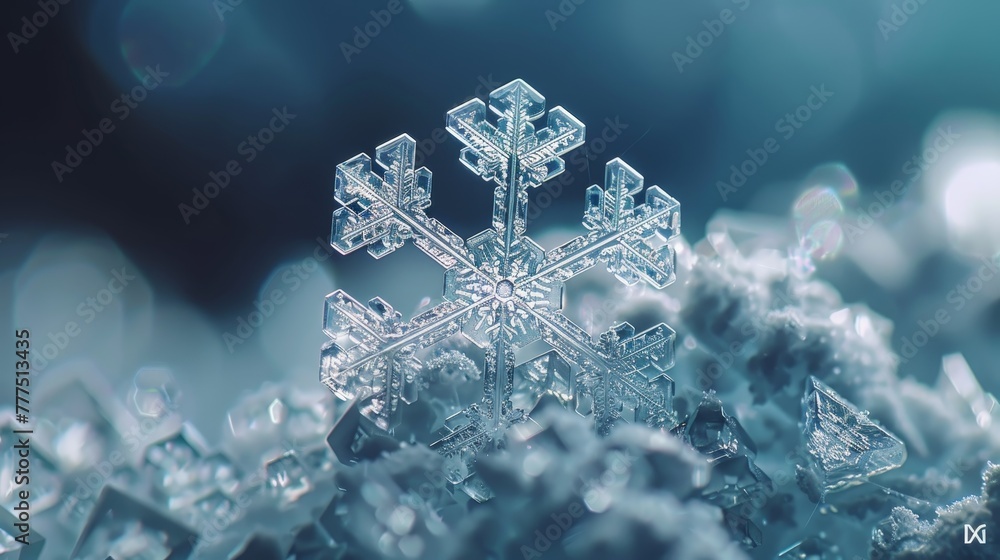 Poster a snowflake is on top of a pile of snow. the snowflake is very small and has a lot of detail. the im