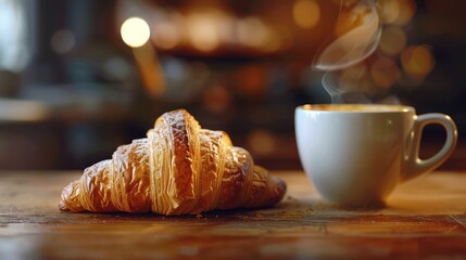 A classic French croissant freshly baked to perfection, with golden flaky layers and a buttery aroma that melts in your mouth with every bite, 