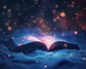 Unique 3D illustration, a book open to a glowing page, symbolizing enlightenment and personal healing journey