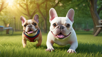 Two very realistic, very small, chubby, and incredibly cute French bulldogs facing the portrait view outdoors in a garden with a backdrop of fresh green grass.