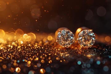   A pair of diamond studs atop a glittering surface against a backdrop of soft bokeh light