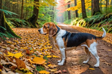 A Beagle sniffing autumn leaves on a forest trail, capturing the essence of exploration