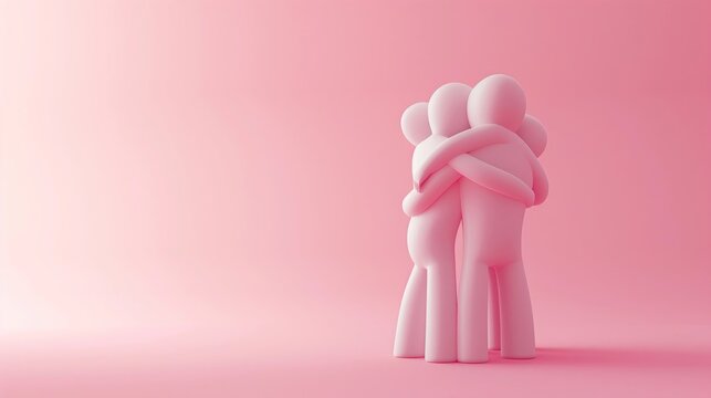 Unique 3D illustration of a comforting family group hug, symbolizing mental health support and love, soft background, pink