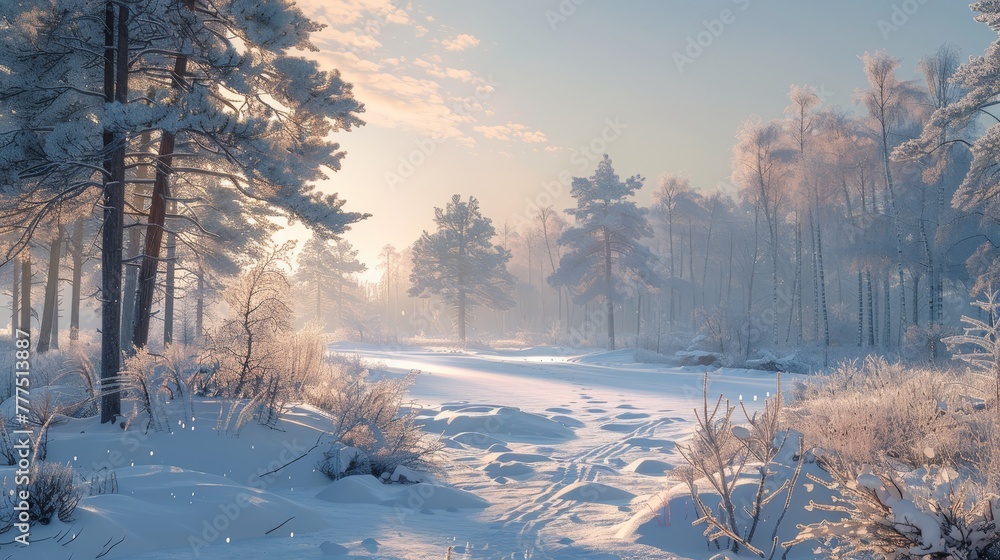 Poster a snowy forest with a path through it. the trees are bare and the snow is deep. the sky is blue and 