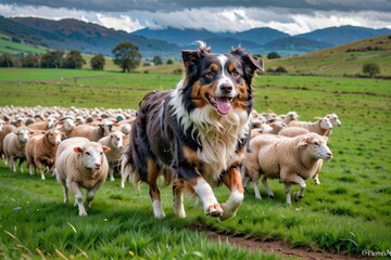 An Australian Shepherd herding sheep in a green field, action shot capturing determination and skill - obrazy, fototapety, plakaty