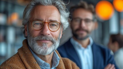   A man with white hair and glasses stands next to a man with gray hair, clad in a brown cardigan - obrazy, fototapety, plakaty