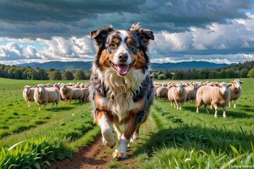 An Australian Shepherd herding sheep in a green field, action shot capturing determination and skill - obrazy, fototapety, plakaty