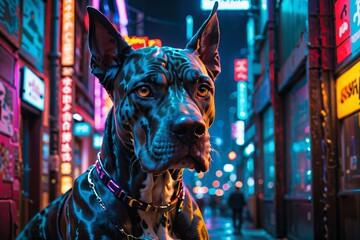 Nighttime portrait of a Great Dane in an urban setting, neon lights reflecting - obrazy, fototapety, plakaty