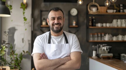 A male Turkish barista entrepreneur standing in front of his cafe