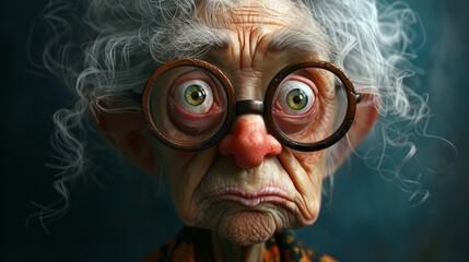 An old woman with glasses and a big nose is looking at the camera, AI
