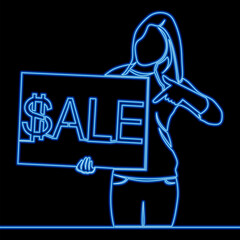 Woman with sale banner in her hands. Sale, online shopping icon neon glow vector illustration concept