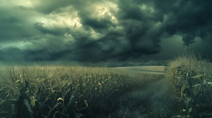 a visually striking scene featuring a corn field set against a turbulent, stormy sky, focusing on the dynamic interaction between the crops and the atmospheric conditions attractive look