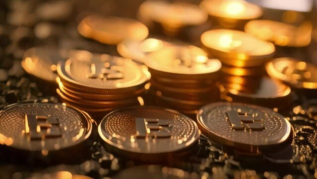 A pile of gold coins surrounded by Bitcoin futuristic currency The concept of rising gold prices Investing in precious metals