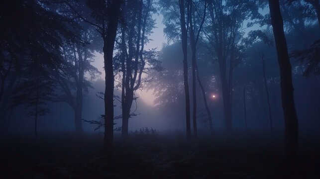 A forest at night with a bright light shining through the trees. Scene is mysterious and eerie