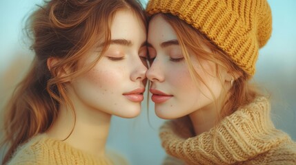   Two women standing closely, noses nearly touching - obrazy, fototapety, plakaty