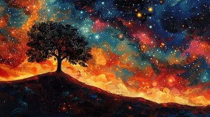 A painting of a tree on a hill with a sky full of stars. The painting has a dreamy, peaceful, and serene mood