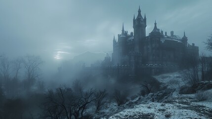 A castle is shown in a foggy, misty atmosphere. The castle is surrounded by trees and he is abandoned. The sky is cloudy and the sun is setting, creating a moody and eerie atmosphere - obrazy, fototapety, plakaty
