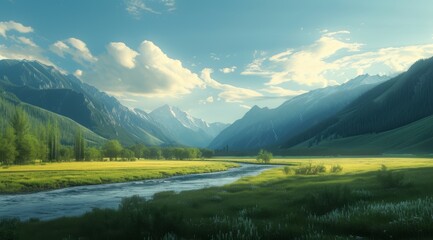   A painting of a mountain valley with a river in the foreground and a grassy field at its base - obrazy, fototapety, plakaty