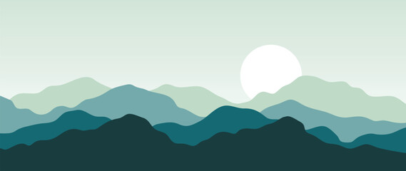 Fototapeta na wymiar Mountain minimal background vector. Abstract landscape hills with green color, sun, moon. Nature view illustration design for home decor, wallpaper, prints, banner, interior decor.