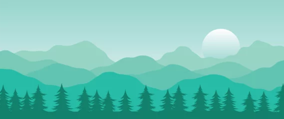 Foto op Aluminium Mountain minimal background vector. Abstract landscape hills with green color, pine tree, sun, moon. Nature view illustration design for home decor, wallpaper, prints, banner, interior decor. © TWINS DESIGN STUDIO