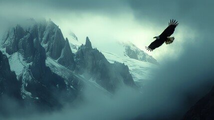 A large eagle is flying over a mountain range. The sky is cloudy and the mountains are covered in snow. The eagle is soaring high above the mountains, creating a sense of freedom and majesty