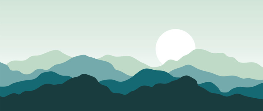 Mountain minimal background vector. Abstract landscape hills with green color, sun, moon. Nature view illustration design for home decor, wallpaper, prints, banner, interior decor.