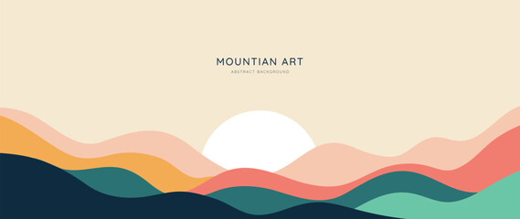 Mountain minimal background vector. Abstract landscape hills with earth tone, sunrise, moon. Nature view illustration design for home decor, wallpaper, prints, banner, interior decor.