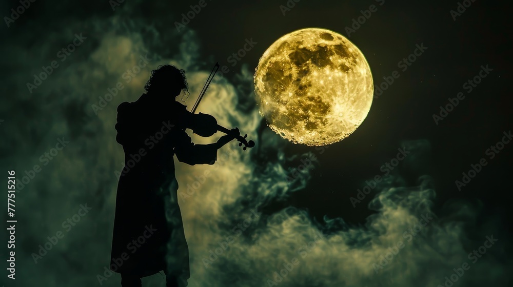 Poster a violinist is playing in front of a large moon. the scene is dark and mysterious, with the smoke ad