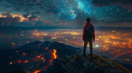 A man is standing on a mountain top, looking out at a city below. The sky is filled with stars and the city is lit up with lights