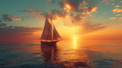A sailboat is sailing in the ocean at sunset. The sky is filled with clouds and the sun is setting, creating a beautiful and serene atmosphere - obrazy, fototapety, plakaty
