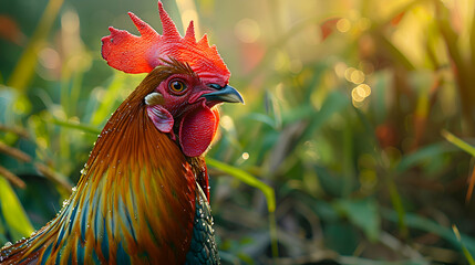 Close-up of a proud rooster displaying its colorful plumage, with dew-kissed grass softly blurred in the background