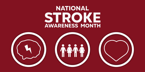 National Stroke Awareness Month. Brain, people and heart. Great for cards, banners, posters, social media and more. Red background. 