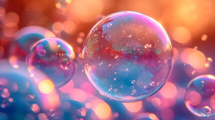   A cluster of soap bubbles hovers above a blue-pink expanse, teeming with numerous bubbles atop