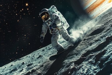 Obraz premium Astronaut Surfing on a Moon with Distant Planet View