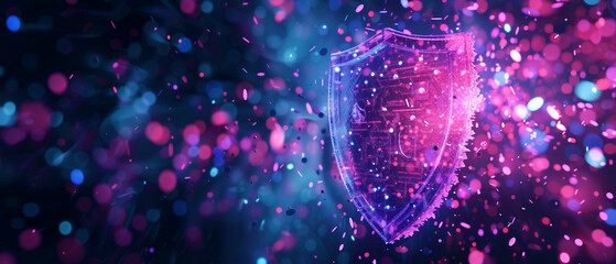 Abstract background with digital shield made of data particles glowing pink blocking against cyber attacks. Concept of cyber security technology and protection in network or system. AI technology. - obrazy, fototapety, plakaty