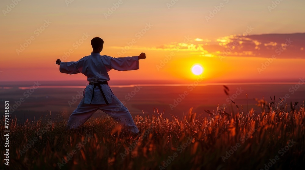 Aufkleber a man in a white uniform is practicing karate in a field with a beautiful sunset in the background