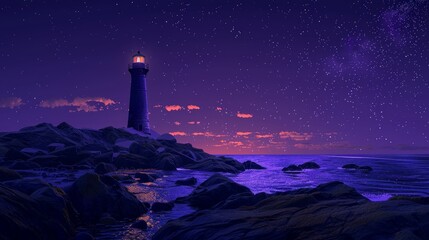 A lighthouse is on a rocky shoreline at night. The sky is dark and the water is calm