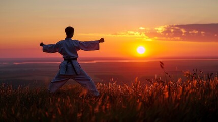 A man in a white uniform is practicing karate in a field with a beautiful sunset in the background