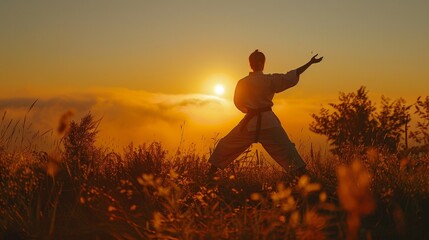A man in a white karate uniform is practicing his moves in a field at sunset. The sky is orange and the sun is setting, creating a peaceful and serene atmosphere