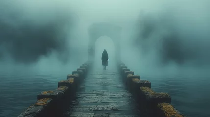 Fotobehang   Person on pier amidst body of water, foggy sky backdrop © Mikus