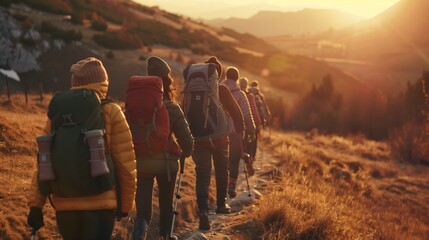 Hikers with Backpacks on Sunset Mountain Trail
