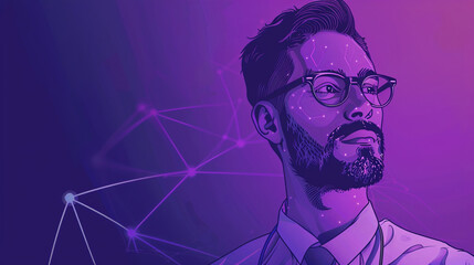 A charismatic man is thinking and working in an environment of modern technology and AI. Copy-space style with a purple background.