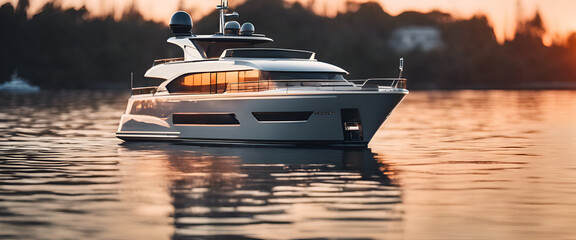Cinematic shot of a luxury yacht, white in color with black details, with two floors and large windows, on the water in a summer evening with daylight in a low angle view - obrazy, fototapety, plakaty