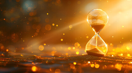 Hourglass on glitter background, Sand running through the bulbs of an hourglass measuring the passing time, showing the last second or last minute or time out With copy space, Generative Ai