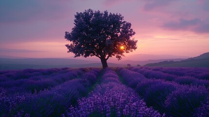 A large purple tree stands in a field of lavender. The sky is a mix of pink and purple, creating a serene and peaceful atmosphere