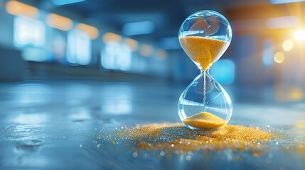 Hourglass on blue background, Sand running through the bulbs of an hourglass measuring the passing time, showing the last second or last minute or time out With copy space, Generative Ai - obrazy, fototapety, plakaty