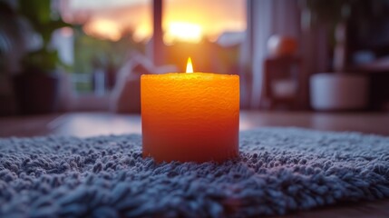   A tight shot of a lit candle on a rug, situated before a window with a sunset backdrop - obrazy, fototapety, plakaty