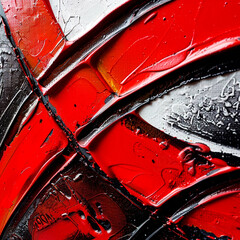 Close up of red texture in motion, with mostly red depth with black and white details. 3D rendering concept design illustration.