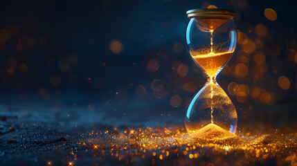 Hourglass on glitter background, Sand running through the bulbs of an hourglass measuring the passing time, showing the last second or last minute or time out With copy space, Generative Ai - obrazy, fototapety, plakaty